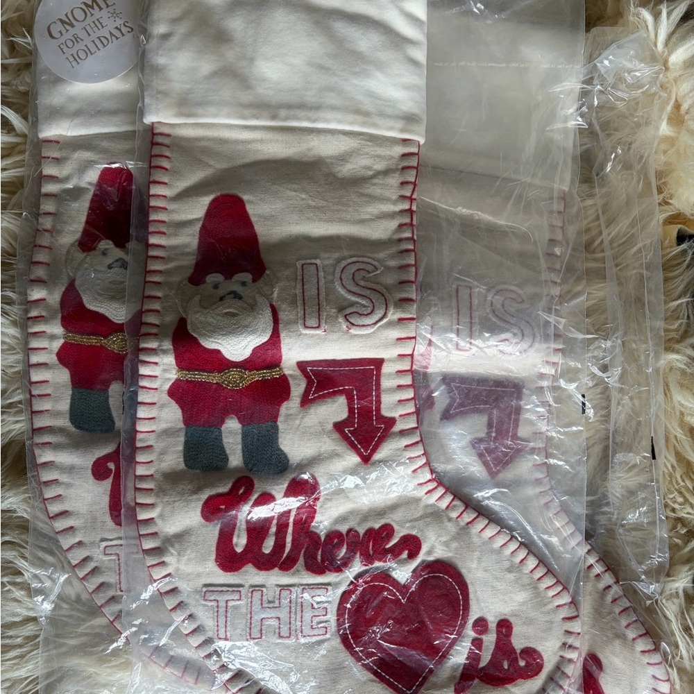 3 Pottery Barn Gnome is Where The Heart Christmas Stocking NEW Tags Wool Cotton